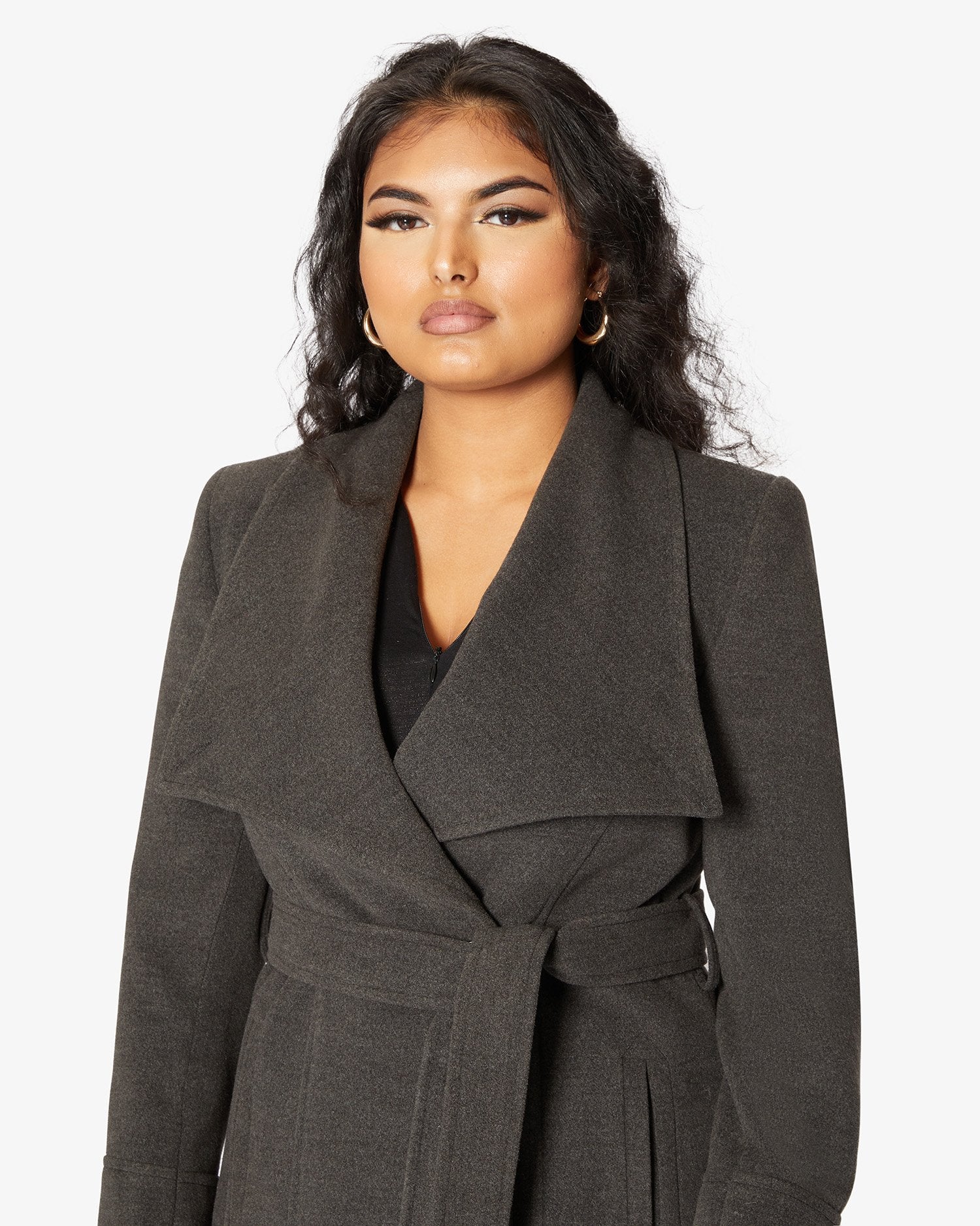 Elegant Waterfall Lapel Double Breasted Duster Coat in a stylish design with a belt and large lapels.