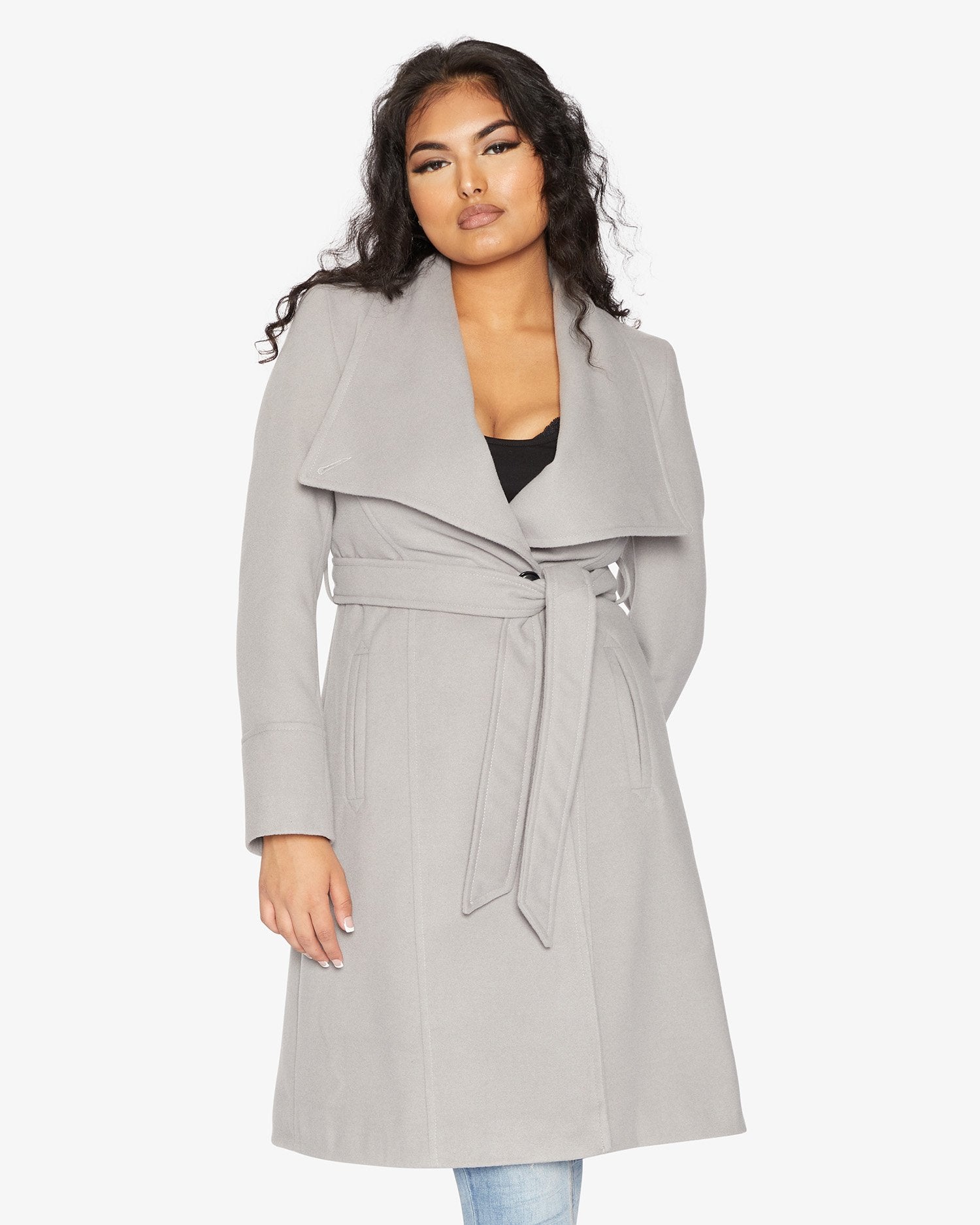 Elegant Waterfall Lapel Double Breasted Duster Coat in a stylish design with a belt and large lapels.