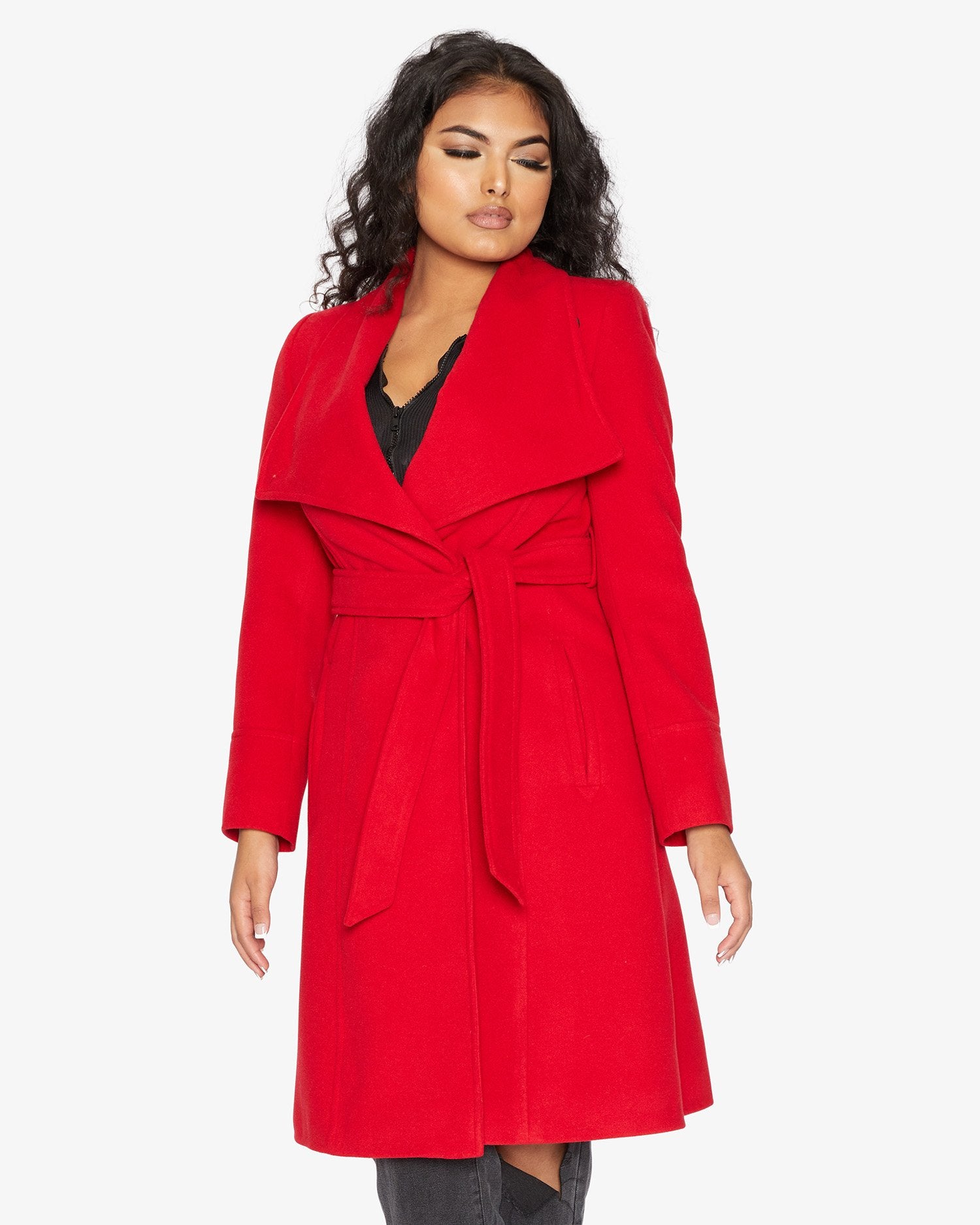 Elegant Waterfall Lapel Double Breasted Duster Coat in a stylish design with a belt and large lapels.