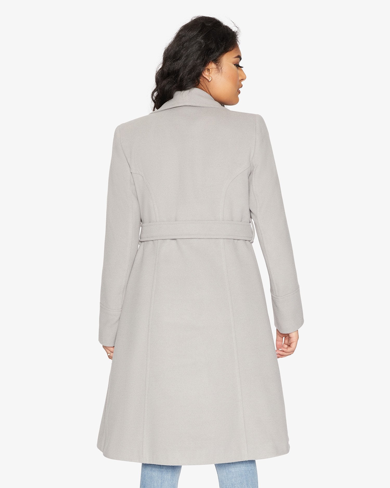 Elegant Waterfall Lapel Double Breasted Duster Coat in a stylish design with a belt and large lapels.