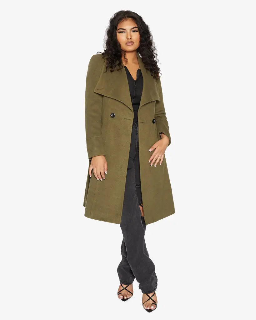 Elegant Waterfall Lapel Double Breasted Duster Coat in a stylish design with a belt and large lapels.