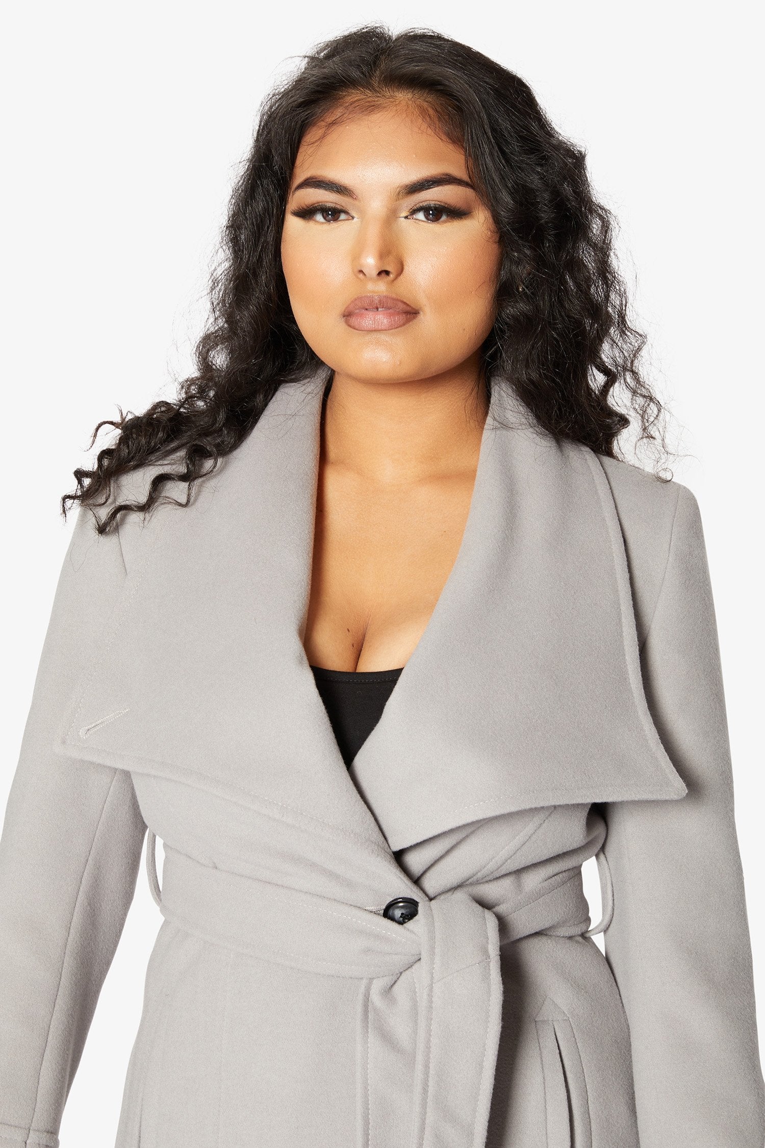 Elegant Waterfall Lapel Double Breasted Duster Coat in a stylish design with a belt and large lapels.