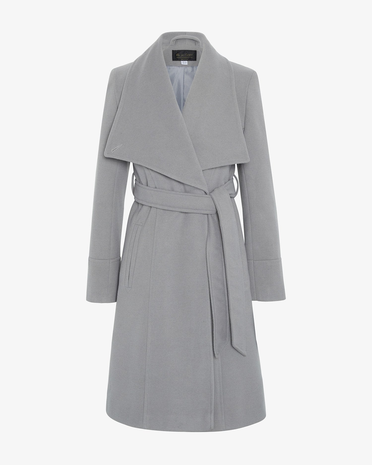 Elegant Waterfall Lapel Double Breasted Duster Coat in a stylish design with a belt and large lapels.