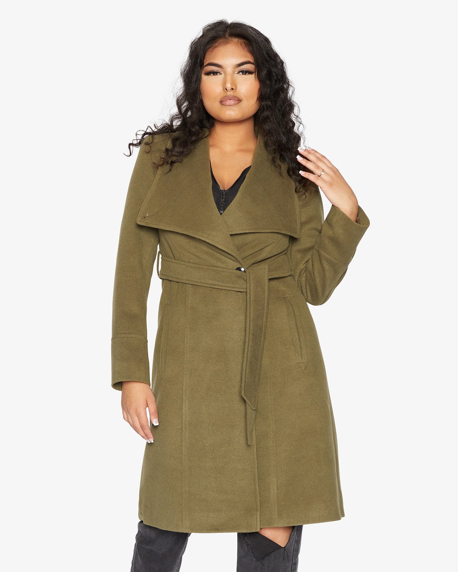 Elegant Waterfall Lapel Double Breasted Duster Coat in a stylish design with a belt and large lapels.