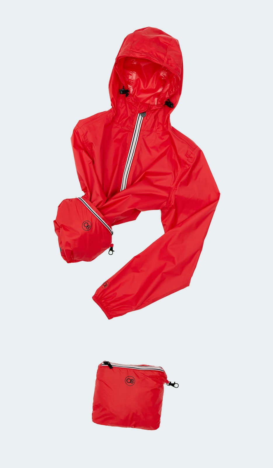 White Full Zip Packable Rain Jacket displayed on a mannequin, showcasing its ergonomic hood, custom zipper, and hidden side pockets.