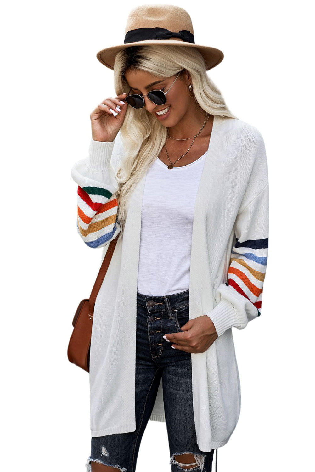 A stylish white striped balloon sleeve cardigan with an open front, featuring vibrant multi-color knit and front pockets, perfect for casual wear.