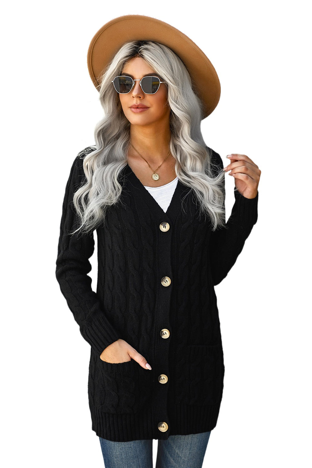 A stylish Winter Black Button Pocket Knit Cardigan featuring a chunky knit design, long sleeves, and front pockets, perfect for layering in cold weather.