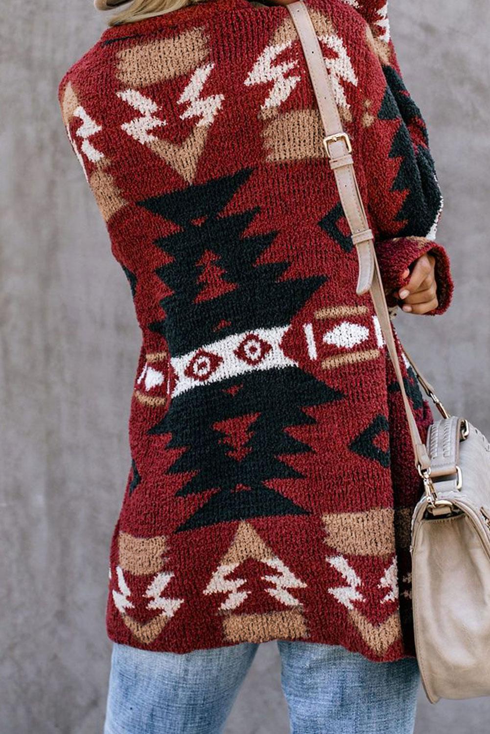 Winter Red Moraga Pocketed Aztec Cardigan featuring a vibrant red color and multicolor Aztec print, with an open front and two front pockets.