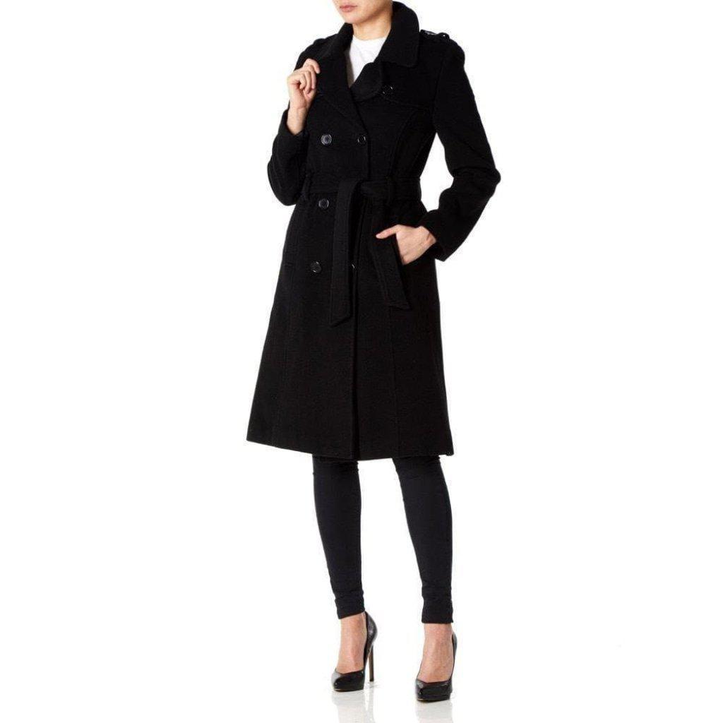 A stylish women's military coat made from a luxurious wool and cashmere blend, featuring double-breasted fastening, military epaulettes, and knee-length design.