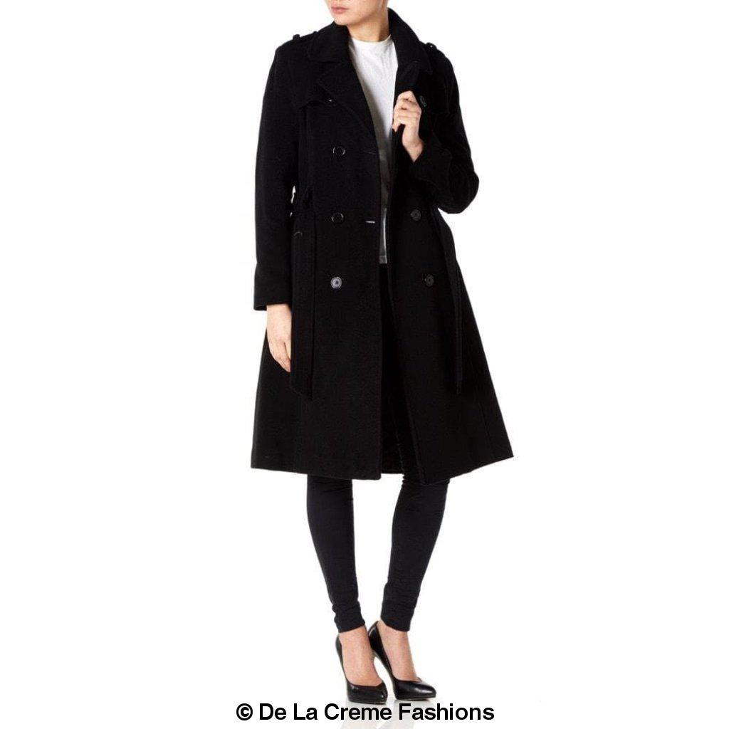 A stylish women's military coat made from a luxurious wool and cashmere blend, featuring double-breasted fastening, military epaulettes, and knee-length design.