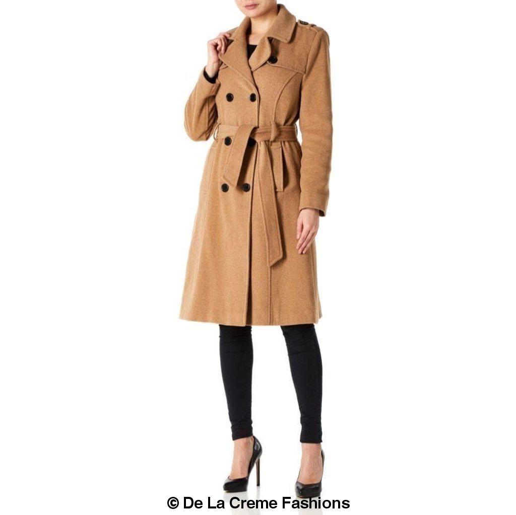 A stylish women's military coat made from a luxurious wool and cashmere blend, featuring double-breasted fastening, military epaulettes, and knee-length design.