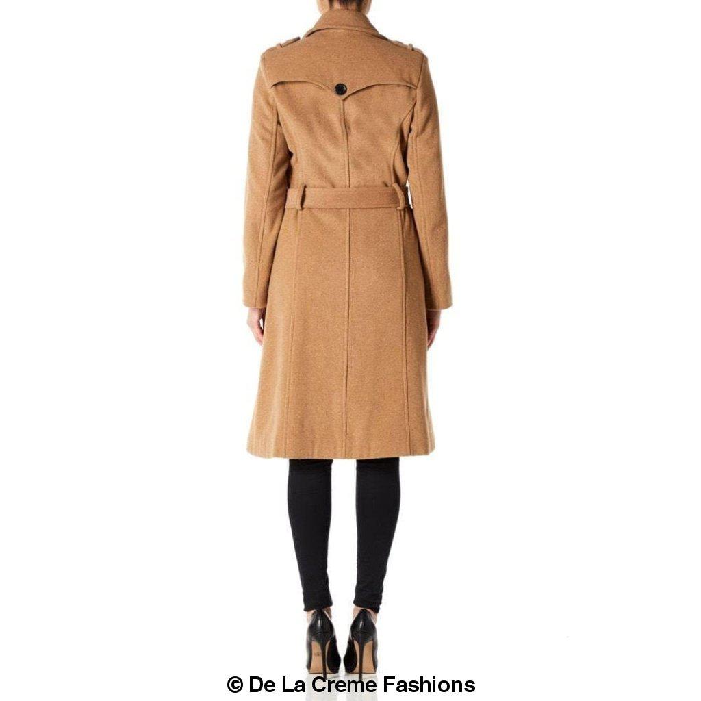 A stylish women's military coat made from a luxurious wool and cashmere blend, featuring double-breasted fastening, military epaulettes, and knee-length design.