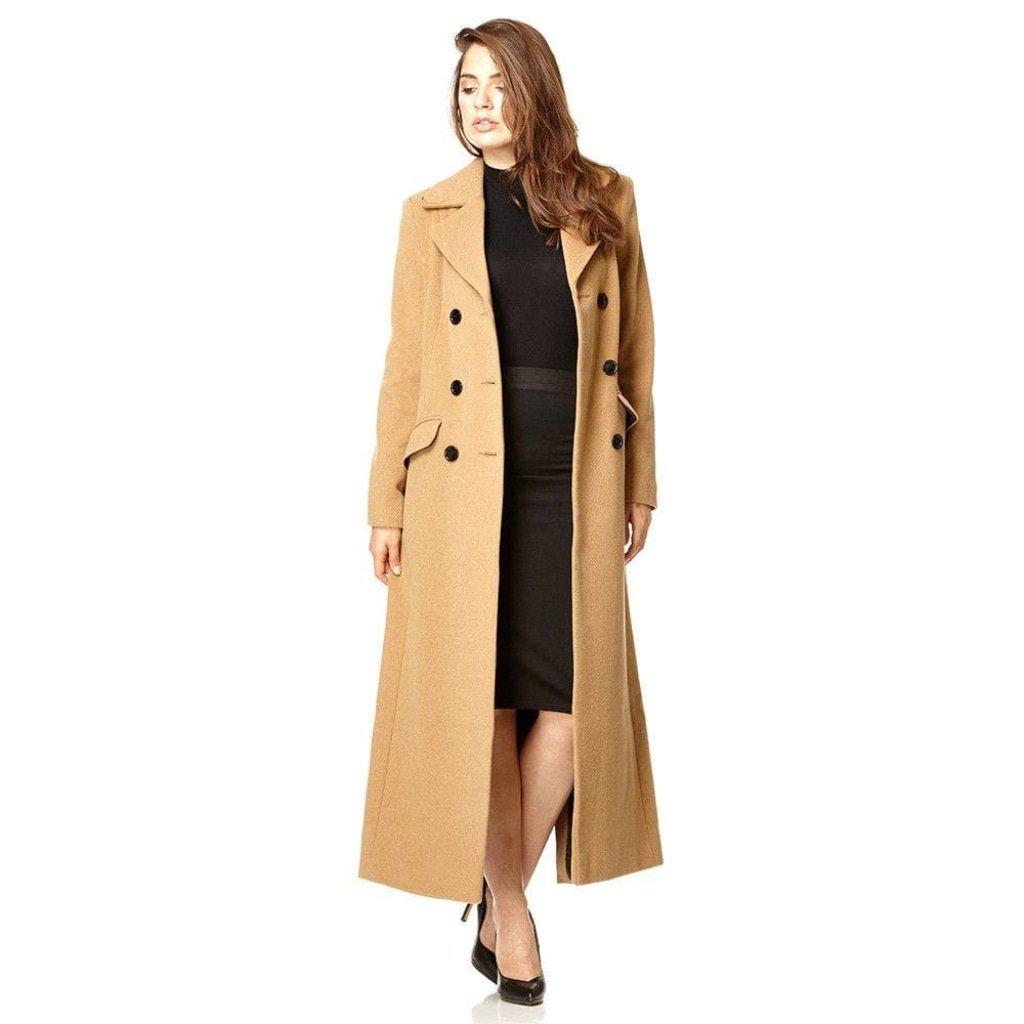 Wool Blend Double Breasted Long Coat in Black, showcasing its elegant design and luxurious fabric.