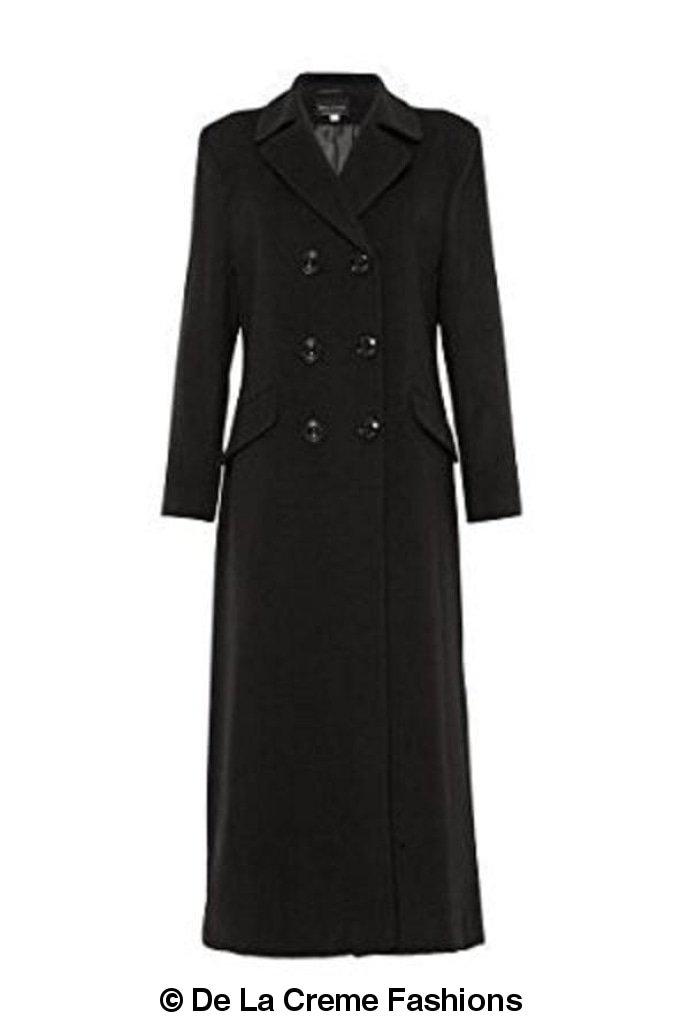 Wool Blend Double Breasted Long Coat in Black, showcasing its elegant design and luxurious fabric.