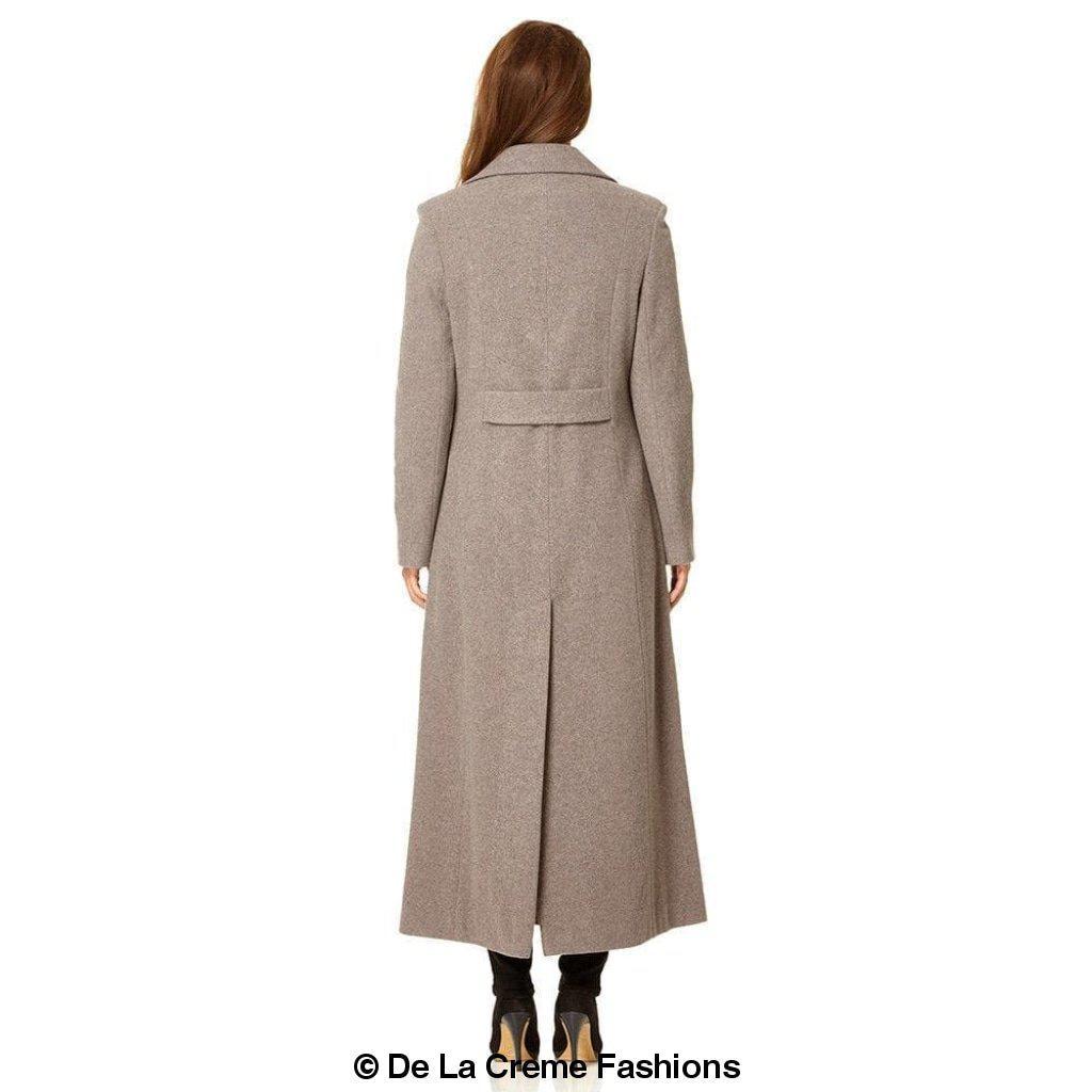 Wool Blend Double Breasted Long Coat in Black, showcasing its elegant design and luxurious fabric.