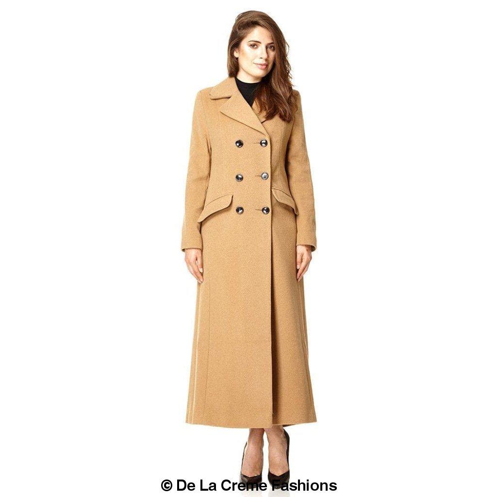 Wool Blend Double Breasted Long Coat in Black, showcasing its elegant design and luxurious fabric.