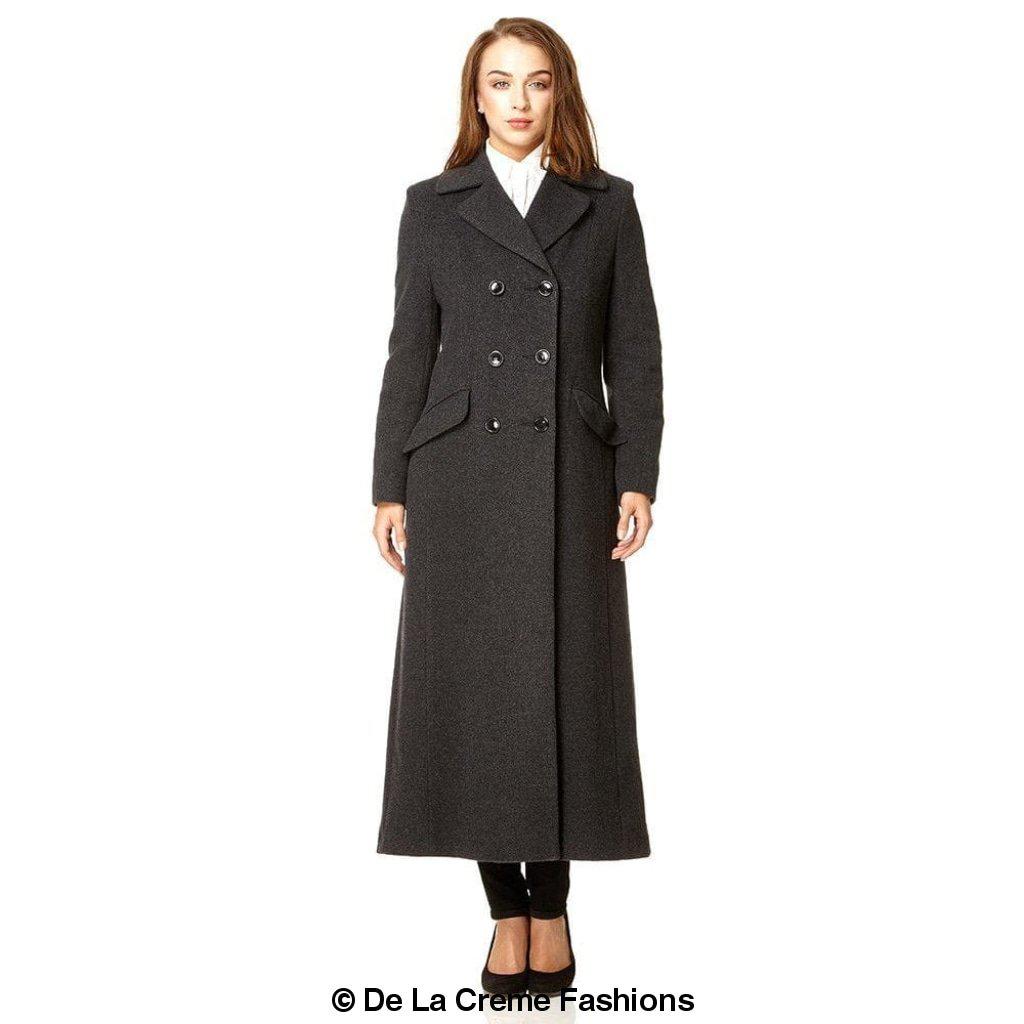 Wool Blend Double Breasted Long Coat in Black, showcasing its elegant design and luxurious fabric.