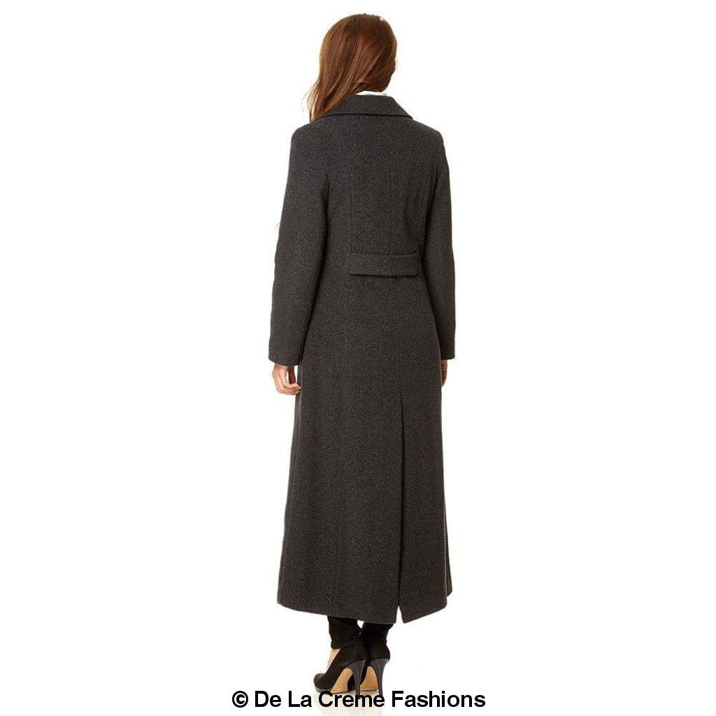 Wool Blend Double Breasted Long Coat in Black, showcasing its elegant design and luxurious fabric.