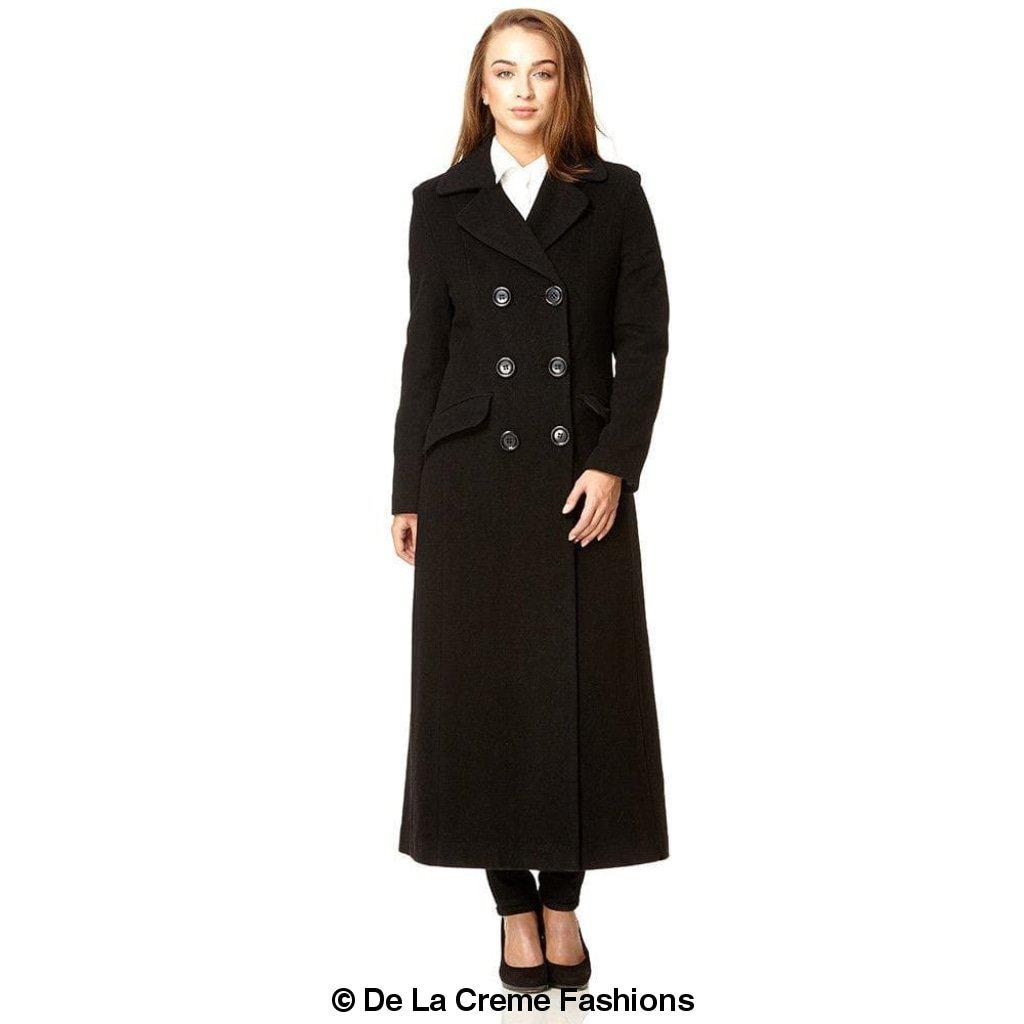 Wool Blend Double Breasted Long Coat in Black, showcasing its elegant design and luxurious fabric.