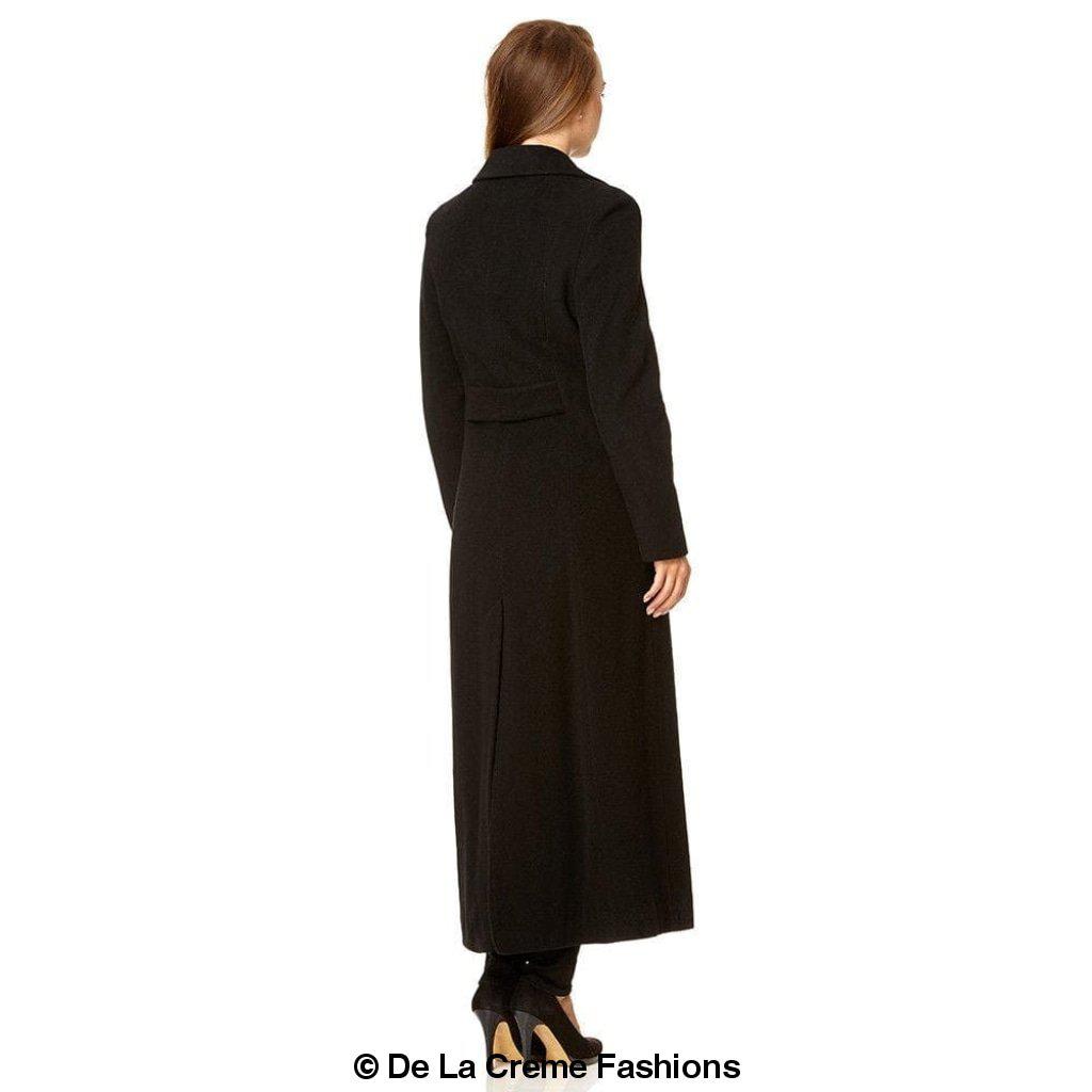 Wool Blend Double Breasted Long Coat in Black, showcasing its elegant design and luxurious fabric.