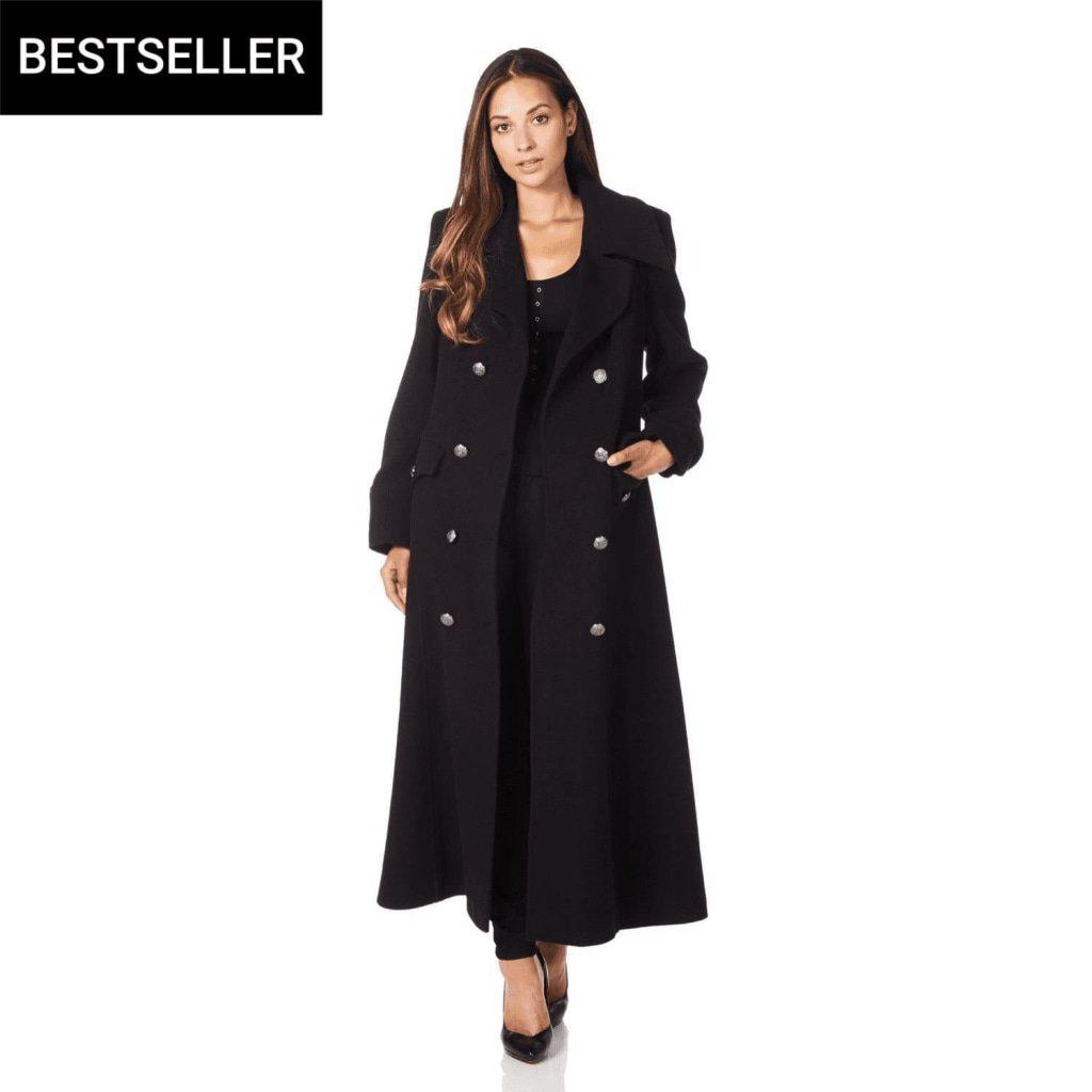 De La Creme Wool Blend Double Breasted Maxi Coat, showcasing military-inspired design and luxurious fabric.