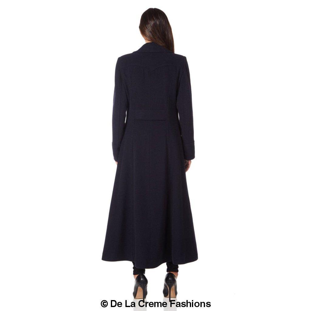 De La Creme Wool Blend Double Breasted Maxi Coat, showcasing military-inspired design and luxurious fabric.