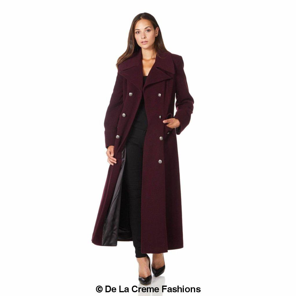 De La Creme Wool Blend Double Breasted Maxi Coat, showcasing military-inspired design and luxurious fabric.