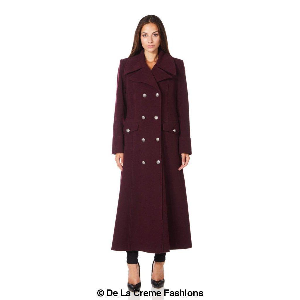 De La Creme Wool Blend Double Breasted Maxi Coat, showcasing military-inspired design and luxurious fabric.