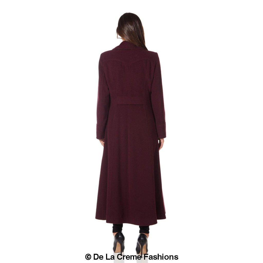 De La Creme Wool Blend Double Breasted Maxi Coat, showcasing military-inspired design and luxurious fabric.