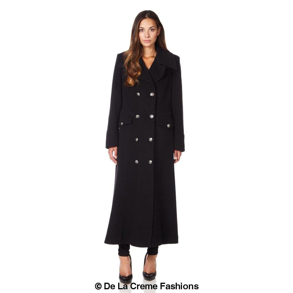 De La Creme Wool Blend Double Breasted Maxi Coat, showcasing military-inspired design and luxurious fabric.