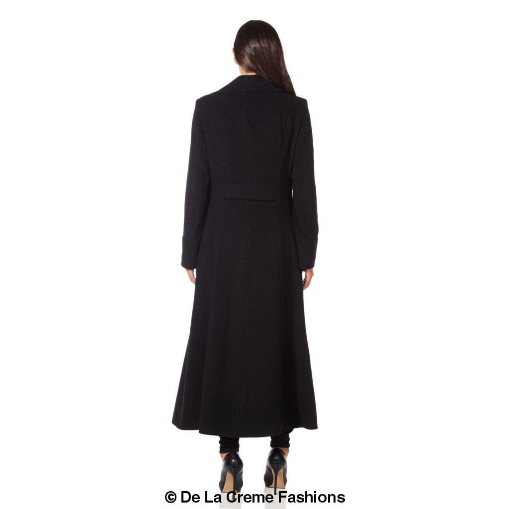 De La Creme Wool Blend Double Breasted Maxi Coat, showcasing military-inspired design and luxurious fabric.