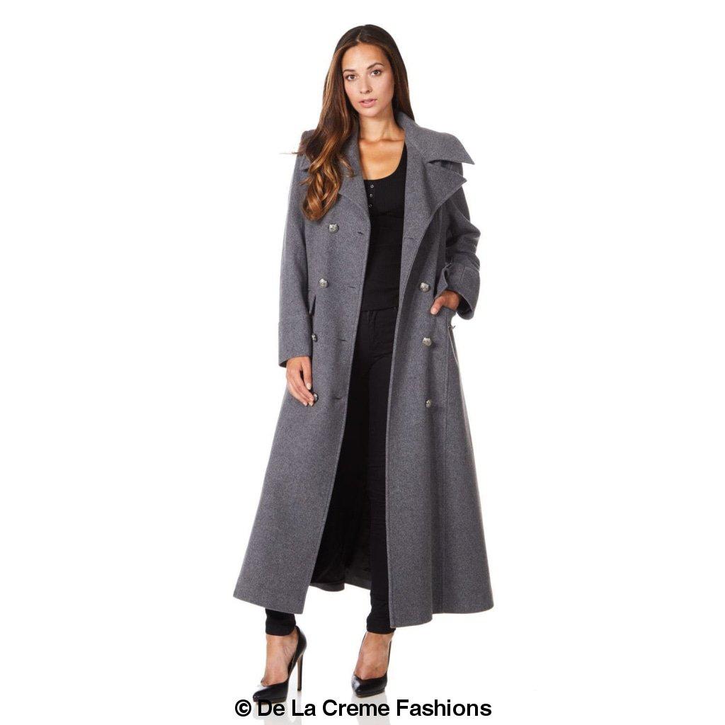 De La Creme Wool Blend Double Breasted Maxi Coat, showcasing military-inspired design and luxurious fabric.