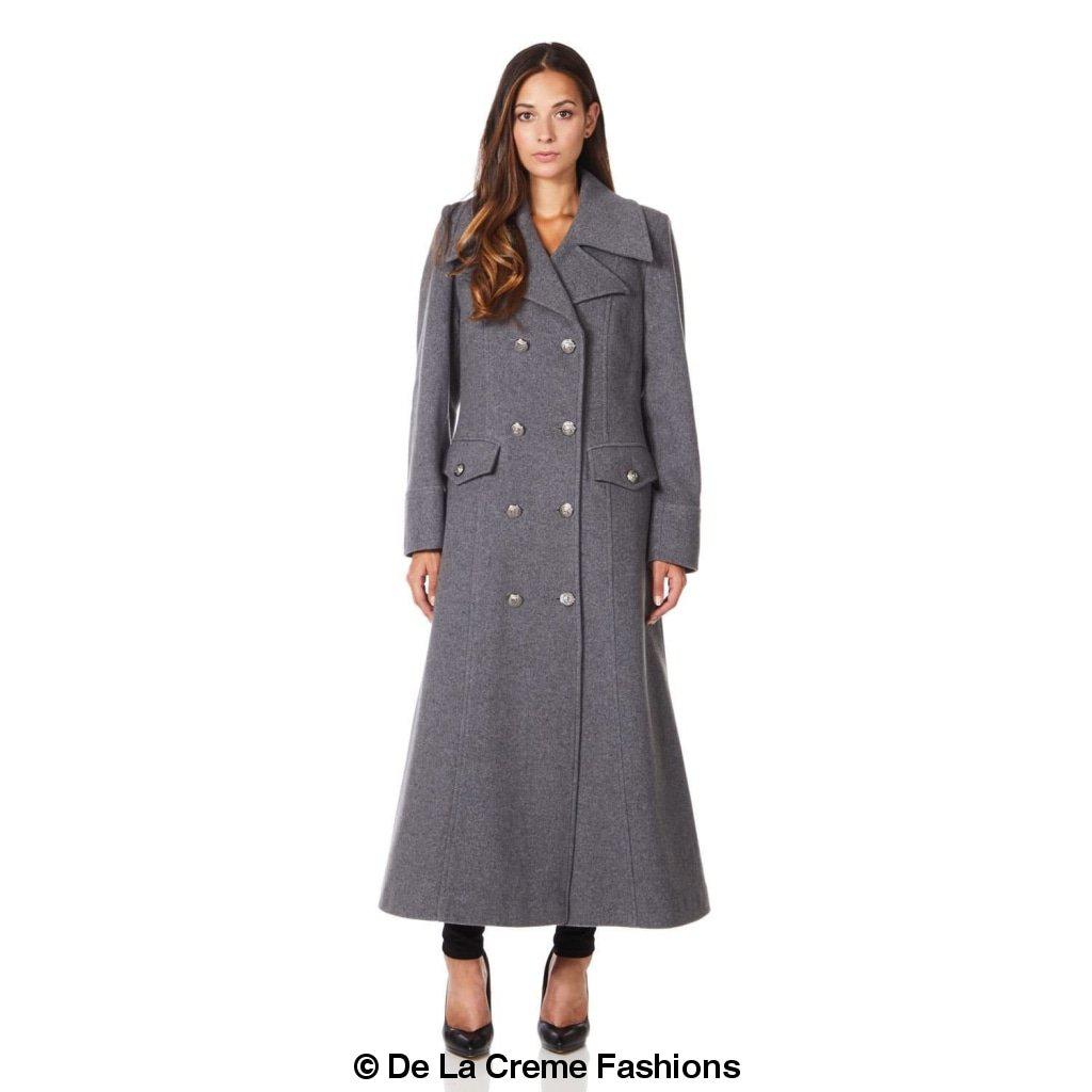 De La Creme Wool Blend Double Breasted Maxi Coat, showcasing military-inspired design and luxurious fabric.