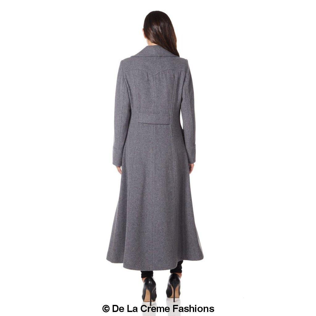 De La Creme Wool Blend Double Breasted Maxi Coat, showcasing military-inspired design and luxurious fabric.