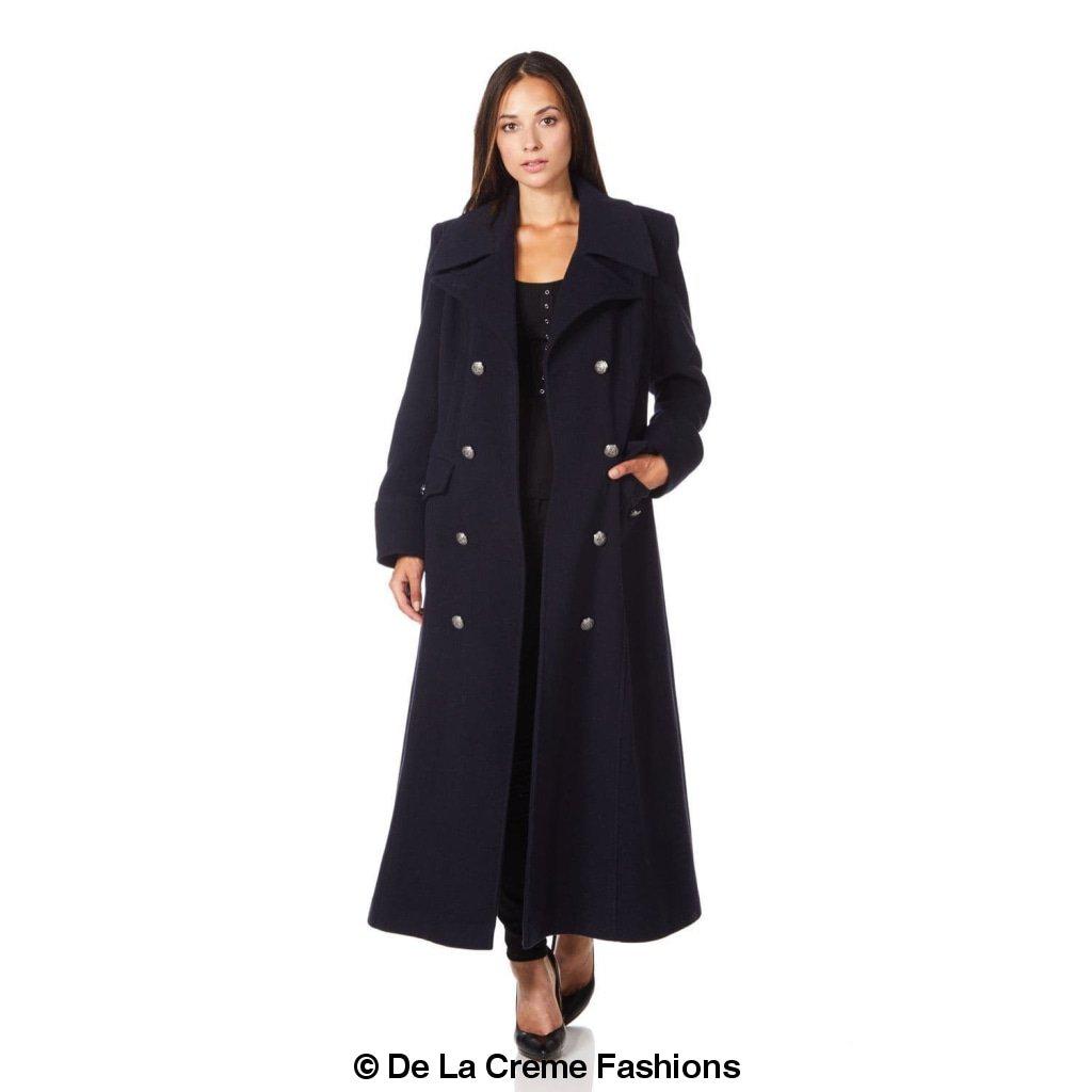 De La Creme Wool Blend Double Breasted Maxi Coat, showcasing military-inspired design and luxurious fabric.