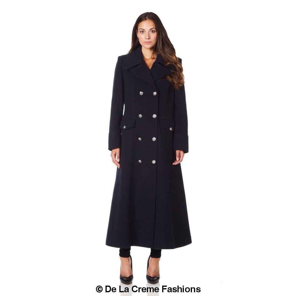 De La Creme Wool Blend Double Breasted Maxi Coat, showcasing military-inspired design and luxurious fabric.