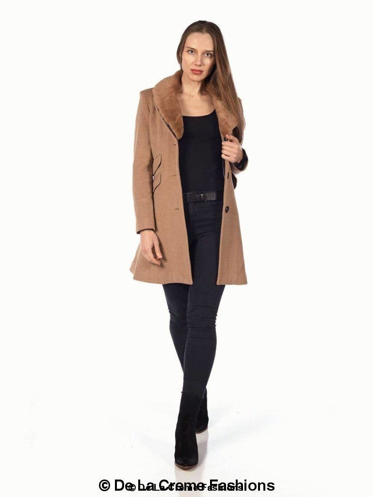 A stylish Wool Blend Faux Fur Collar Midi Coat in black, featuring a detachable faux fur collar and elegant design.