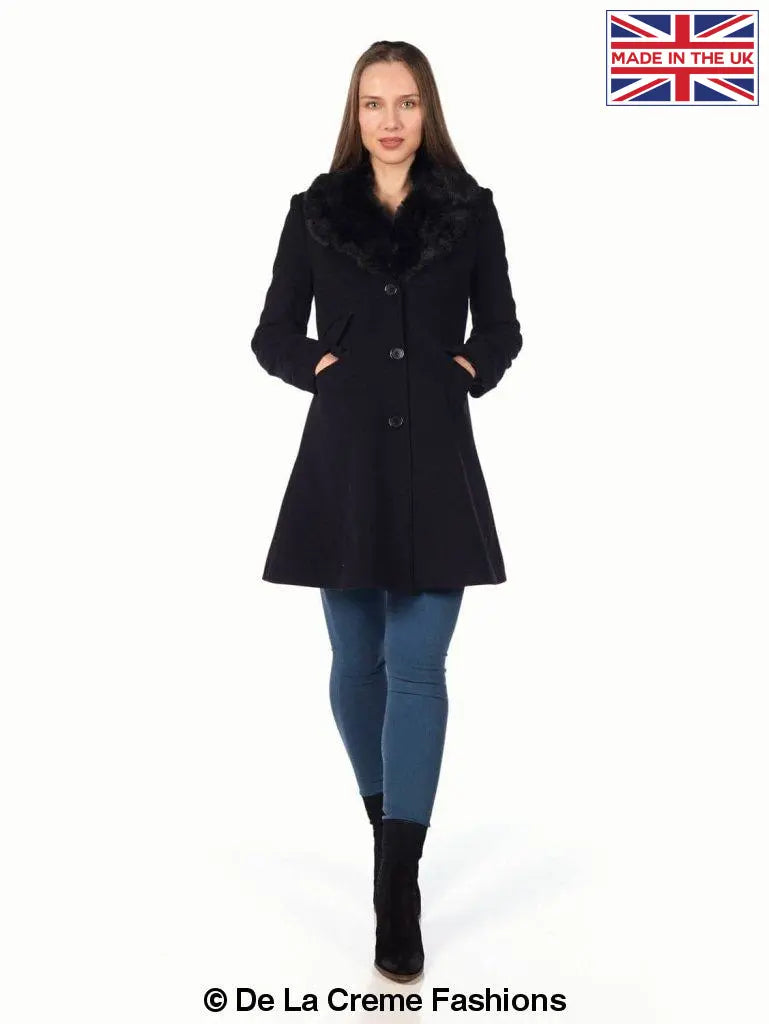 A stylish Wool Blend Faux Fur Collar Midi Coat in black, featuring a detachable faux fur collar and elegant design.