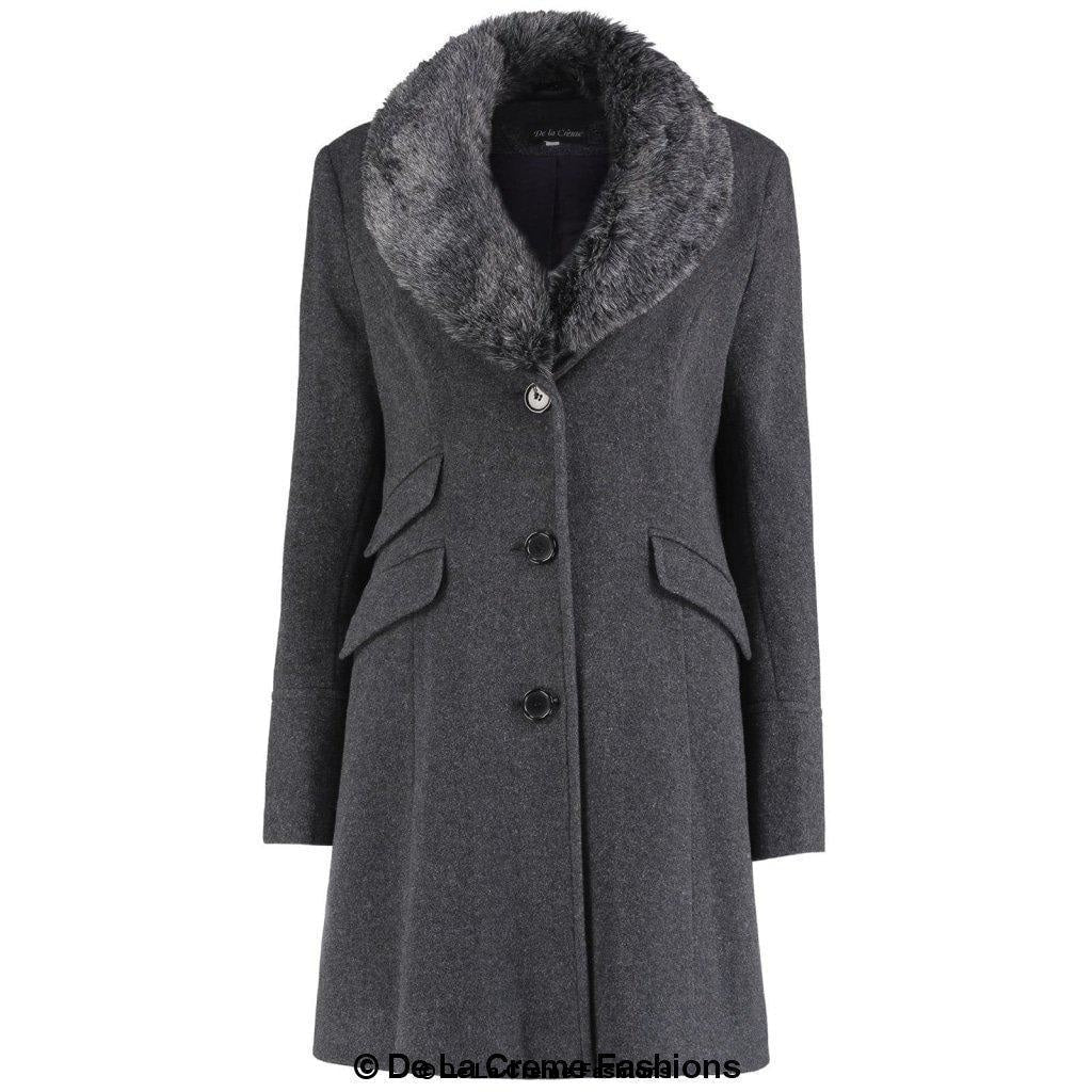 A stylish Wool Blend Faux Fur Collar Midi Coat in black, featuring a detachable faux fur collar and elegant design.