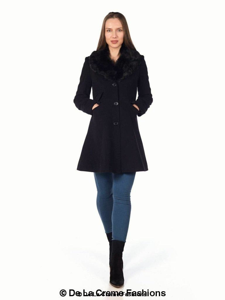 A stylish Wool Blend Faux Fur Collar Midi Coat in black, featuring a detachable faux fur collar and elegant design.