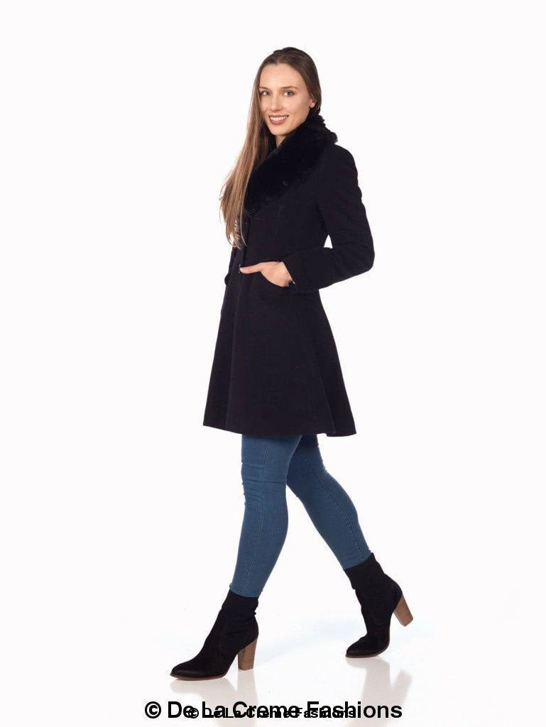 A stylish Wool Blend Faux Fur Collar Midi Coat in black, featuring a detachable faux fur collar and elegant design.