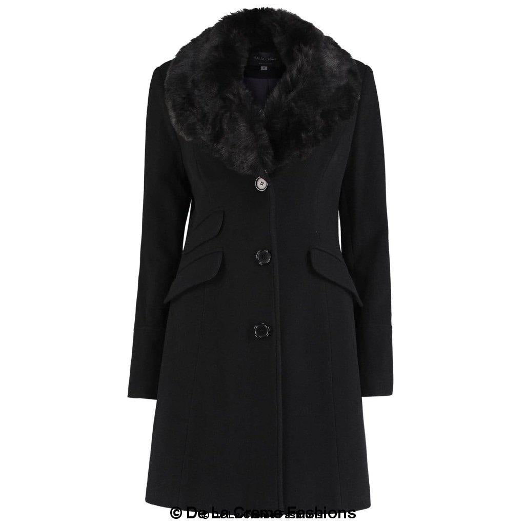 A stylish Wool Blend Faux Fur Collar Midi Coat in black, featuring a detachable faux fur collar and elegant design.