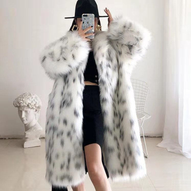 Women Thickened Plush Long Overcoat in stylish faux fur, featuring a hood and turn-down collar, perfect for autumn and winter wear.