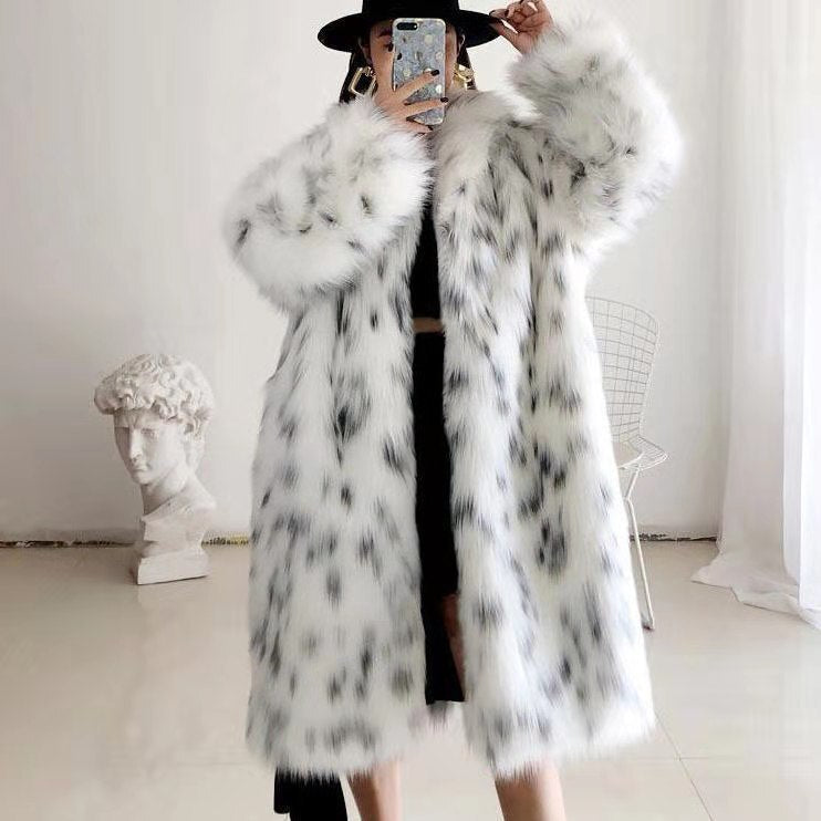 Women Thickened Plush Long Overcoat in stylish faux fur, featuring a hood and turn-down collar, perfect for autumn and winter wear.