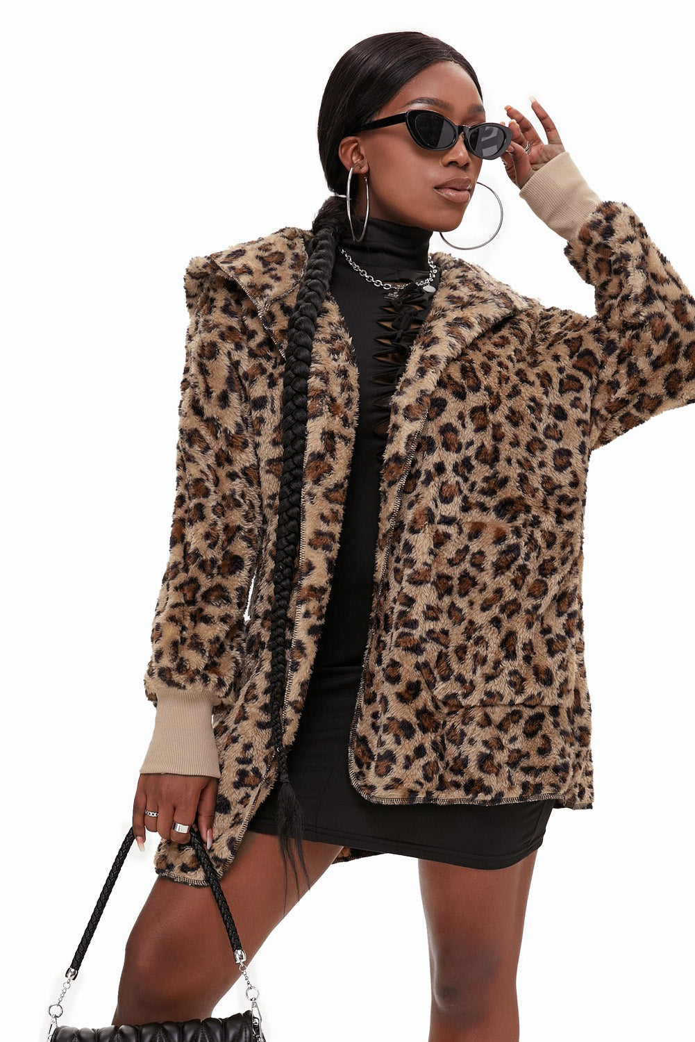 Women Winter Leopard Soft Fleece Hooded Open Front Coat featuring a cozy fleece material, open front design, and stylish leopard print pattern.