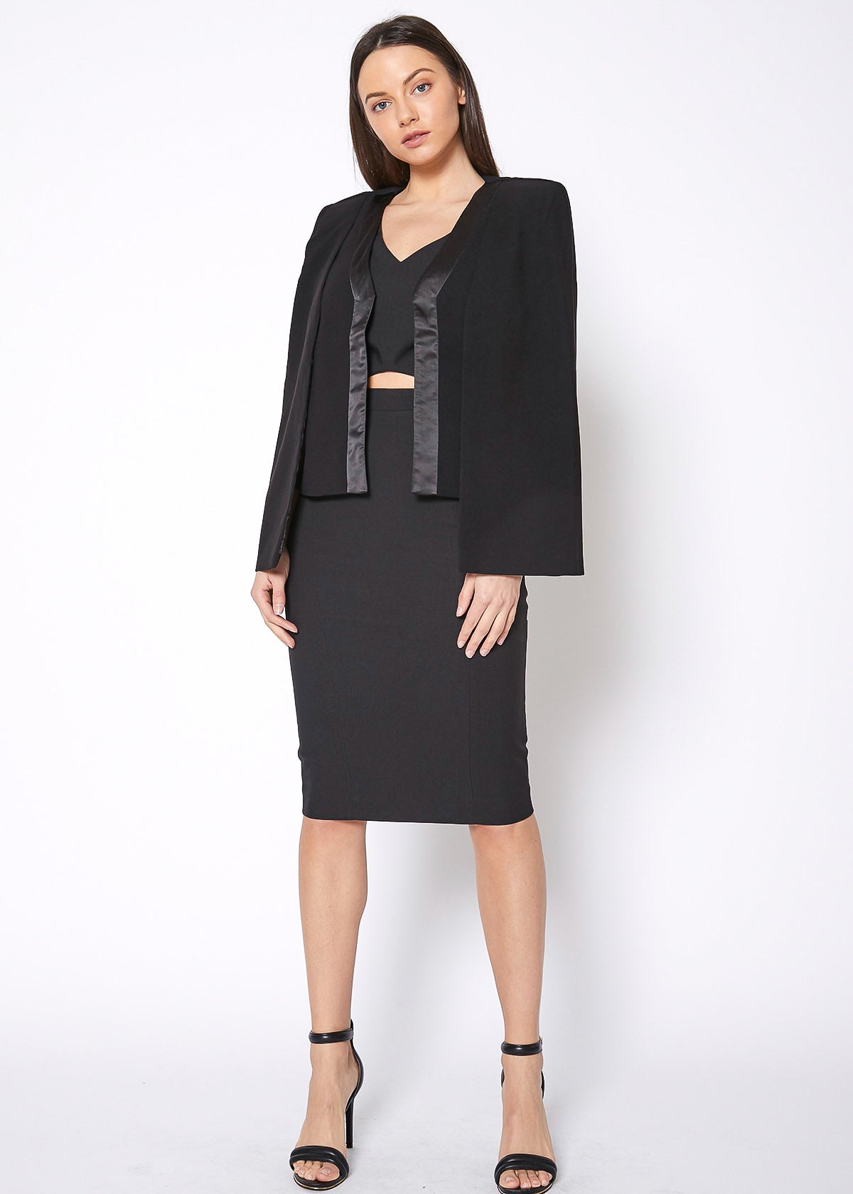 Women's Black Satin Trim Cape Blazer featuring an open front design and elegant satin trim hem, perfect for professional attire.