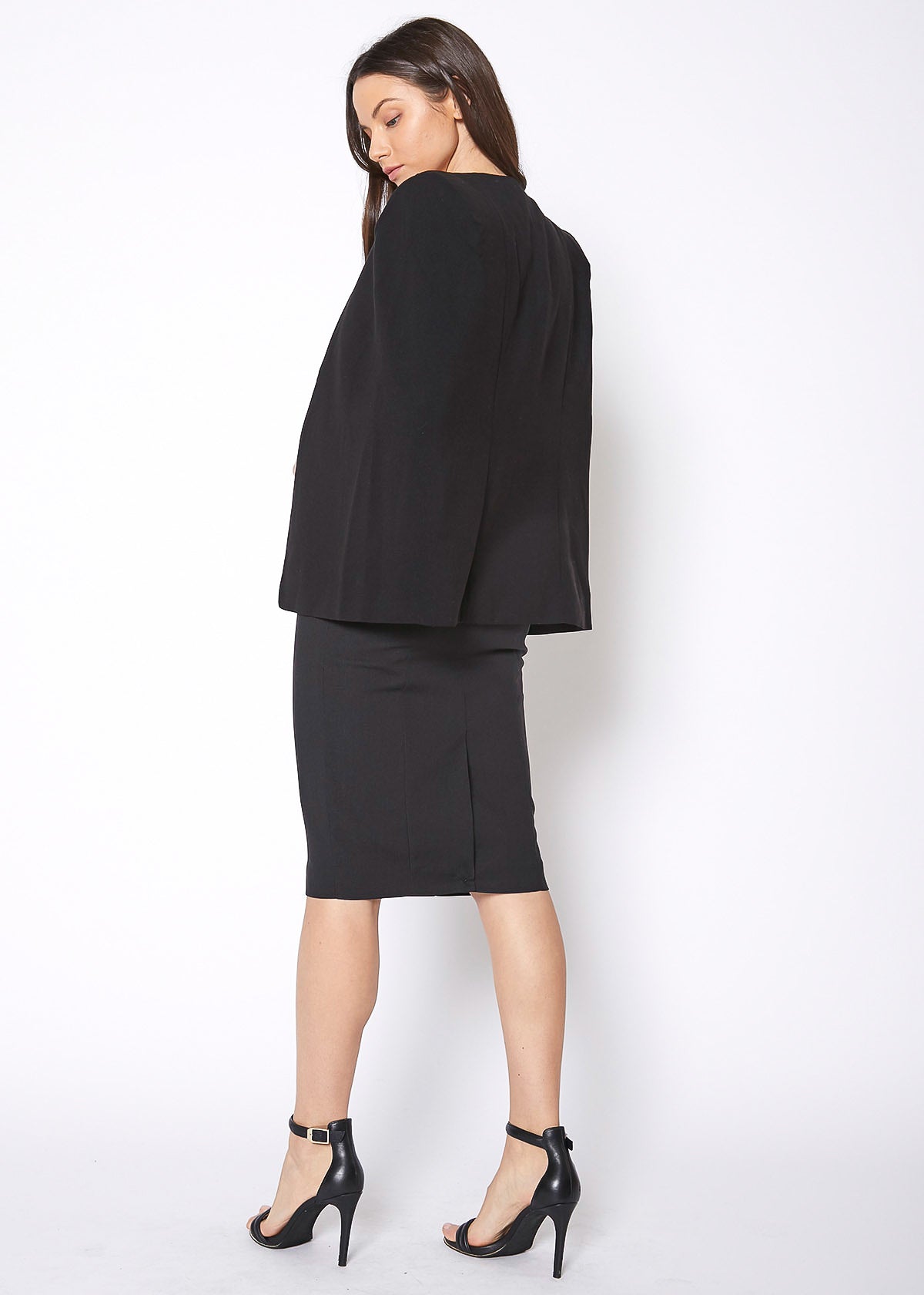 Women's Black Satin Trim Cape Blazer featuring an open front design and elegant satin trim hem, perfect for professional attire.