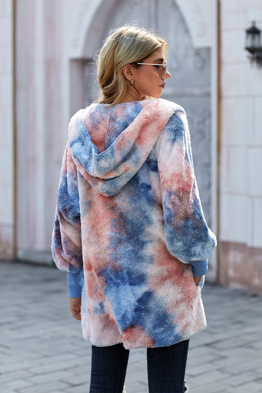 Women's Blue Orange Tie Dye Soft Fleece Hooded Open Front Coat featuring a vibrant tie-dye pattern, open front design, and cozy hood.