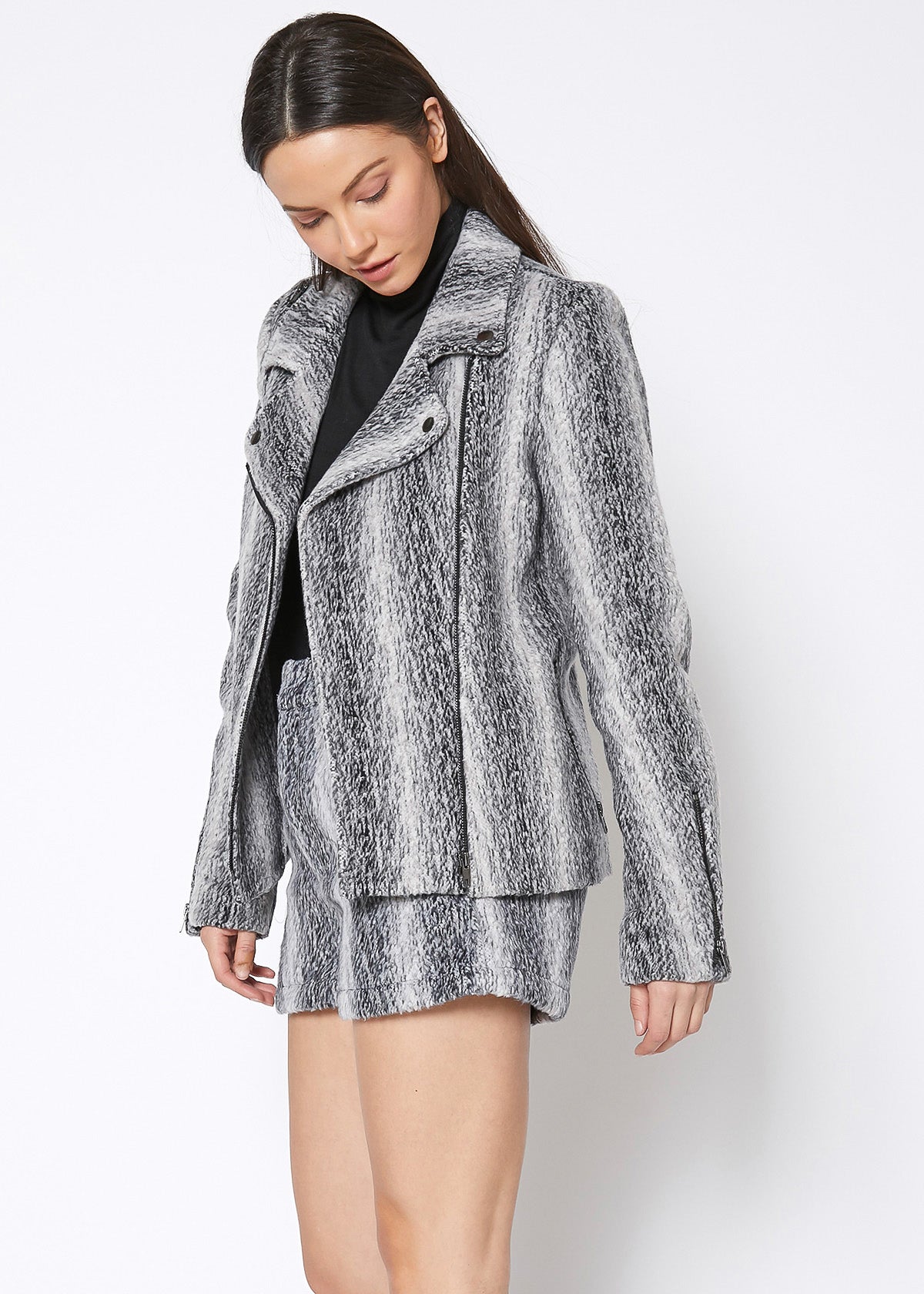 Women's Brushed Wool Moto Jacket featuring stylish zipper cuffs and a cozy brushed wool blend in a striped design.