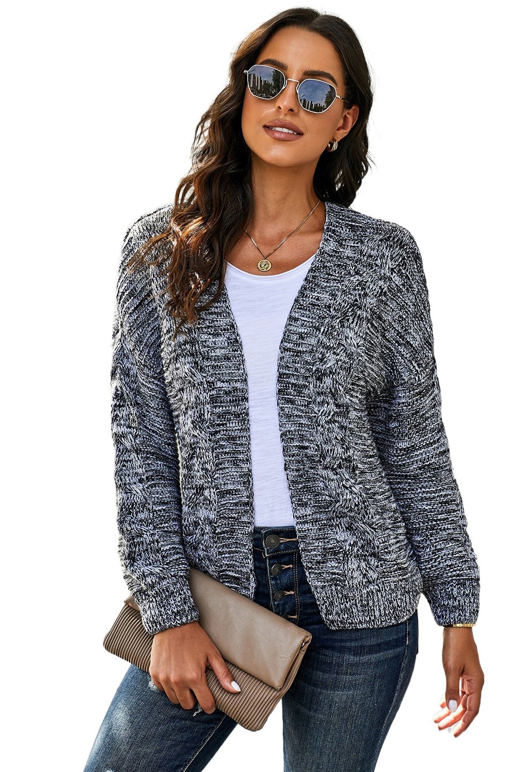 Women's Dark Gray Chunky Knit Cardigan with long sleeves and open front design, perfect for winter layering.